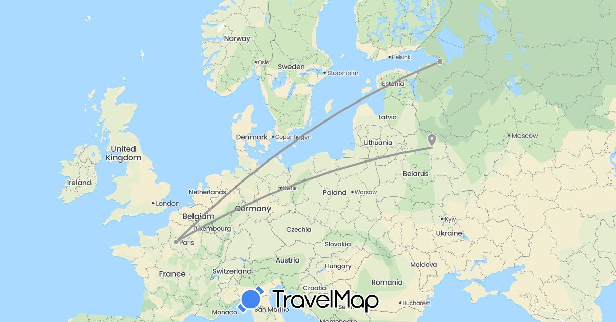 TravelMap itinerary: driving, plane in Belarus, France, Russia (Europe)